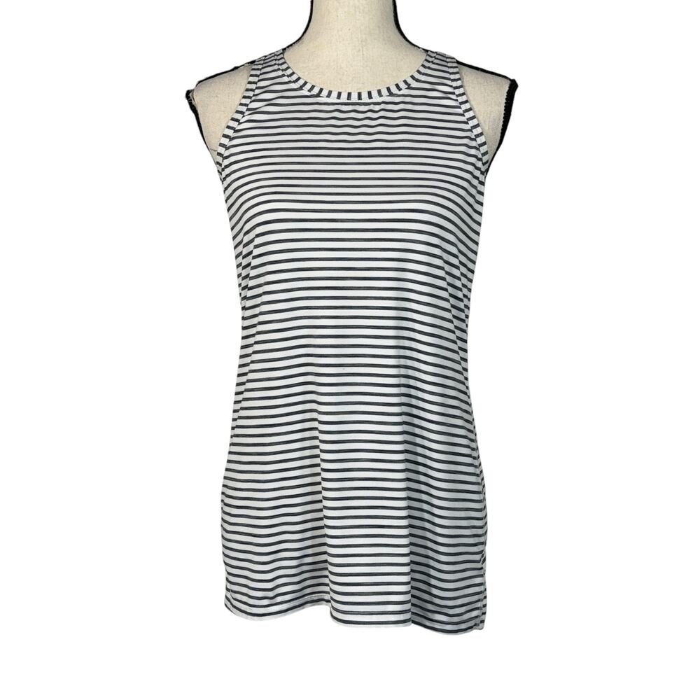 Athleta Small Yoga Chi Tank Top Striped Racerback Stretch Round Neck White Blue